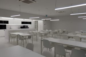 cafeteria with white, minimalistic design