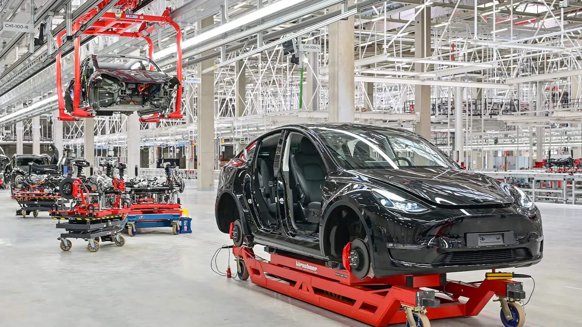 Tesla model Y in production line for quality control